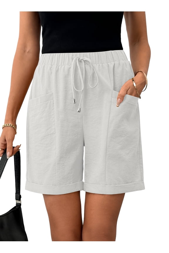 Womens Shorts Summer Comfy Elastic Waist Drawstring Casual Shorts with Pockets White S US4-6