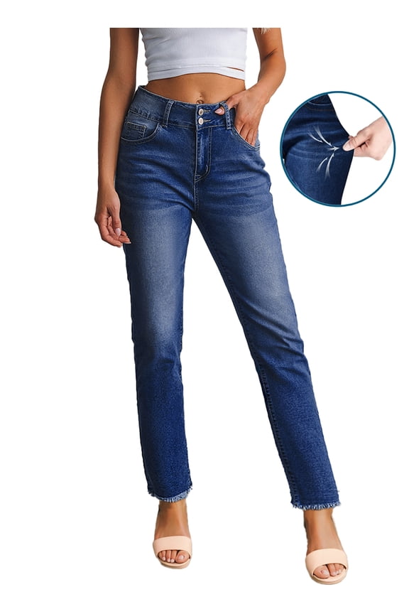 Womens Straight Leg Jeans Classic Blue Strechy Raw Hem Jeans High Waisted Denim Pants