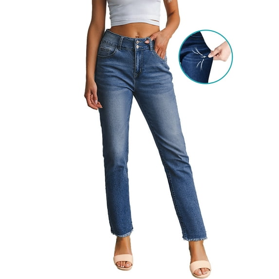 DOKOTOO Womens Straight Leg Jeans Classic Blue Strechy Raw Hem Jeans High Waisted Denim Pants