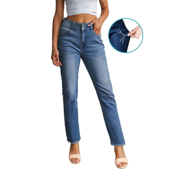 DOKOTOO Womens Straight Leg Jeans Classic Blue Strechy Raw Hem Jeans High Waisted Denim Pants