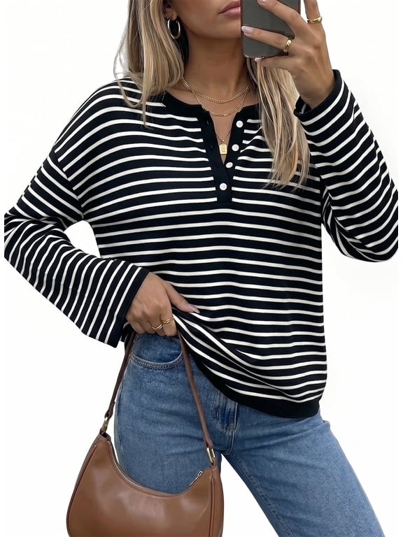 Womens Sweaters Striped Long Sleeve Henley Knit Top Button Front Casual Lightweight Soft Pullover Sweater S-2XL