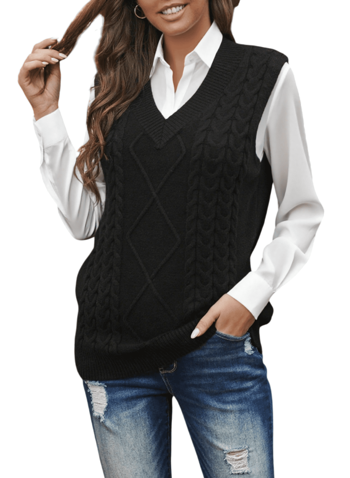 Dokotoo Womens V-Neck Sweater Vest, Trendy Black Pullover, Solid Color ...