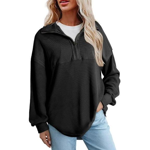 DOKOTOO Oversized Sweatshirts for Women Half Zip Sweatshirt Waffle Knit Pullover Lightweight Long Sleeve Drop Shoulder Tops Fall Outfit