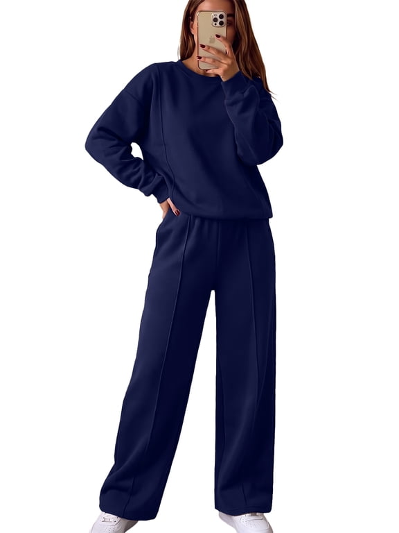 Womens Sweatsuits 2 Piece Set Long Sleeve Sweatshirt Wide Leg Pants Matching Outfit Casual Lounge Set Soft Tracksuit S-2XL