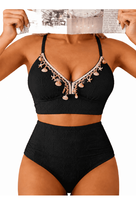 Womens Swimsuits Seashell Textured Bikini Sets High Waisted Two Piece Bathing Suits with Stitching Ribbon Shell Decoration