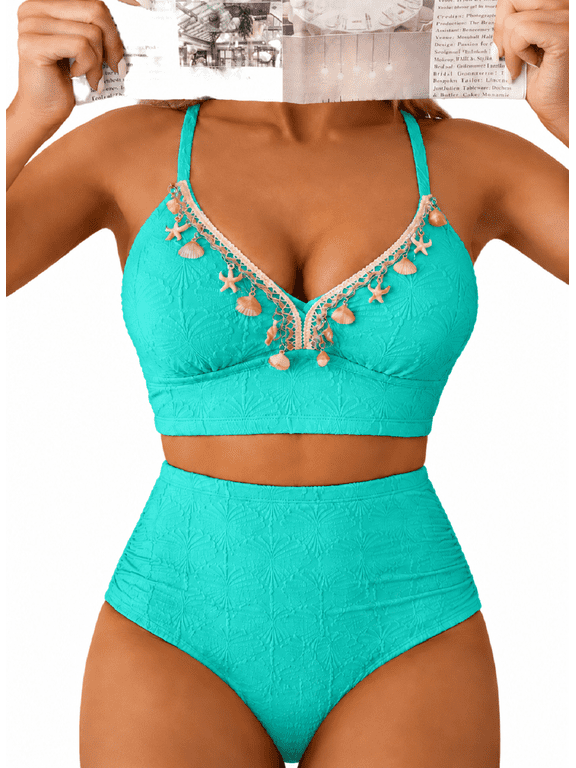 Womens Swimsuits Seashell Textured Bikini Sets High Waisted Two Piece Bathing Suits with Stitching Ribbon Shell Decoration