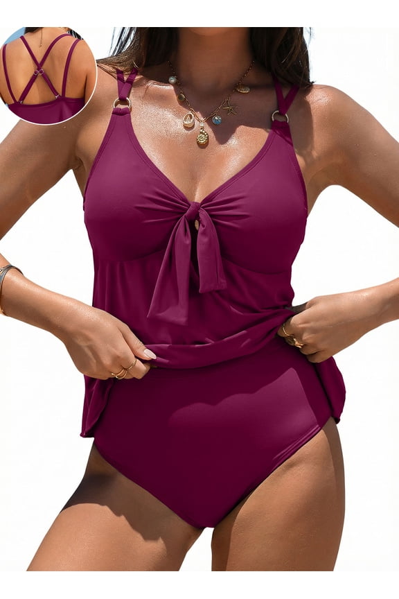 Womens Tankini Sets V Neck Push Up Swim Top with Swim Bottom Flowy Tummy Control High Waisted Bathing Suits Purple L US12-14