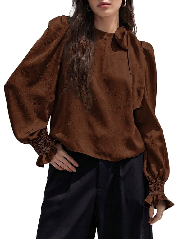 Womens Blouses Long Sleeve Crewneck Bow Tie Satin Tops Dressy Casual Textured Work Office Shirts S-2XL