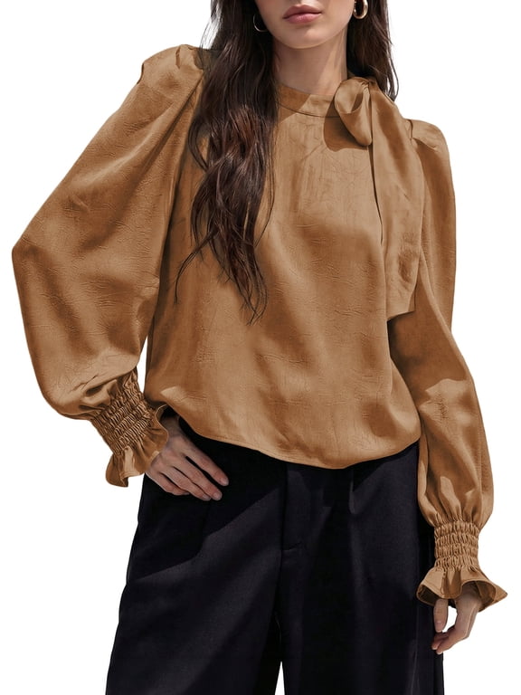 Women's Long Sleeve Blouse Tops Bow Tie Crewneck Puff Sleeve Shirts Textured Fabric Elegant Casual Work Office Tops S-2XL