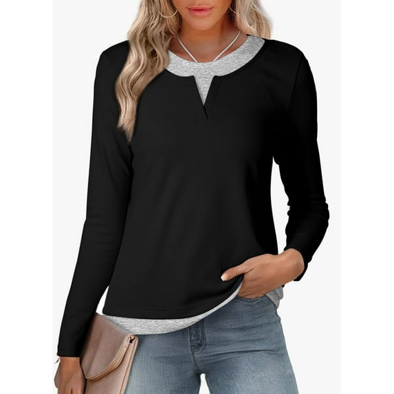 DOKOTOO Womens Crewneck Tops Casual Long Sleeve Shirts Color Block Blouses for Women Spring Slim Fit Pullover L