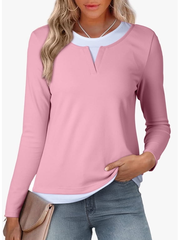 Womens Crewneck Tops Casual Long Sleeve Shirts Color Block Blouses for Women Spring Slim Fit Pullover M