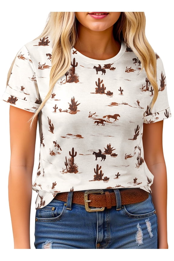 Womens Tops Crewneck Short Sleeve Western Graphic T Shirts Casual Summer Blouses