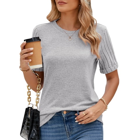 Womens Tops Summer Short Sleeve Shirts Casual Crewneck Basic T-Shirts Knit Solid Loose Tee Blouses