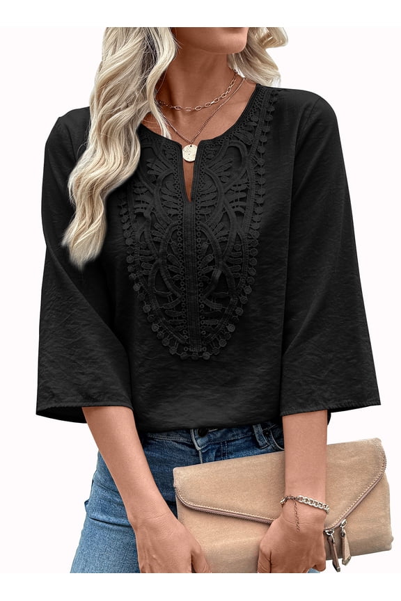 Womens Tops Summer V Neck Lace Blouse Tops 3/4 Sleeve Embroidered Shirts Black M US8-10