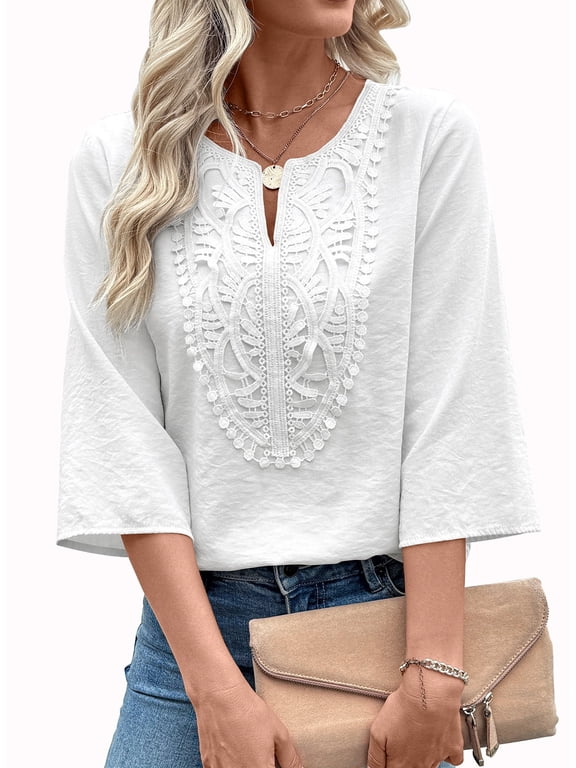 Womens Tops Summer V Neck Lace Blouse Tops 3/4 Sleeve Embroidered Shirts White M US8-10