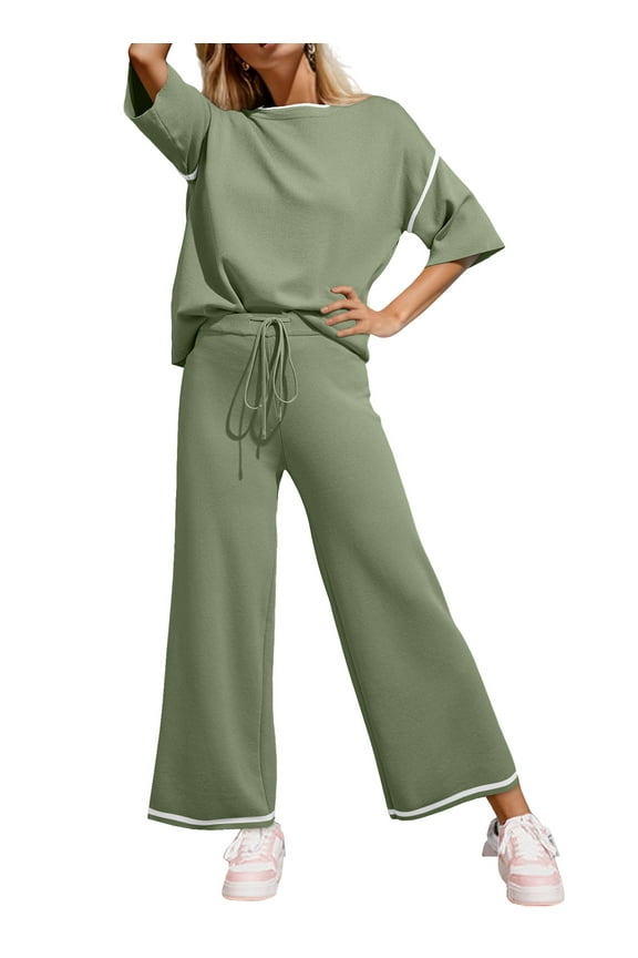 2 Piece Outfits for Women Lounge Sets Half Sleeve Knit Sweater Tops Matching Set Wide Leg Pants Tracksuit 2XL