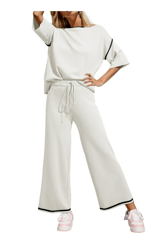 2 Piece Outfits for Women Lounge Sets Half Sleeve Knit Sweater Tops Matching Set Wide Leg Pants Tracksuit 2XL