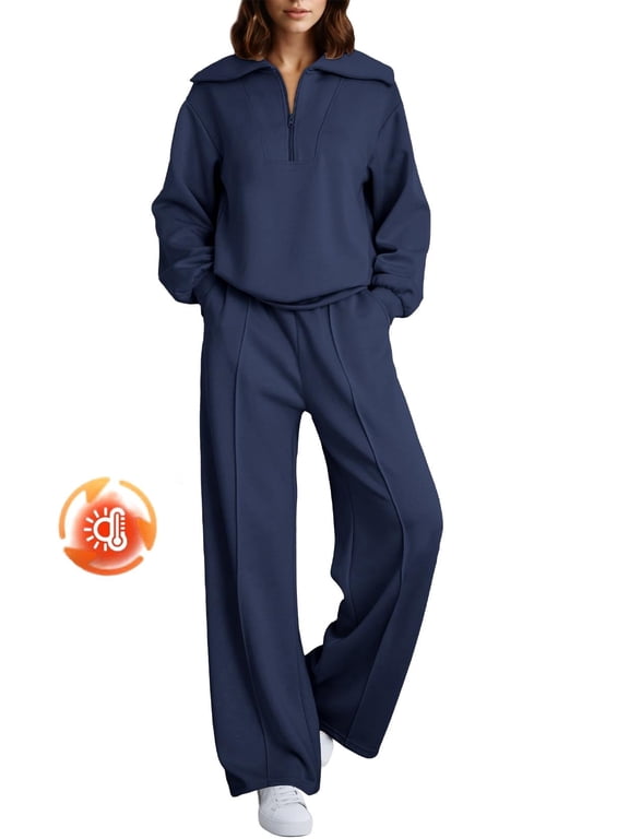 Womens Sweatsuits 2 Piece Sets Oversized Half Zip Sweatshirt Matching Wide Leg Sweatpants Tracksuits Lounge Set