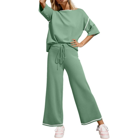 DOKOTOO 2 Piece Outfits for Women Lounge Sets Half Sleeve Knit Sweater Tops Matching Set Wide Leg Pants Tracksuit L