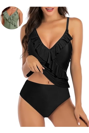 Women's Ruffle Tankini Tummy Control High Waist Bottom Quick Dry Swimsuit Sets