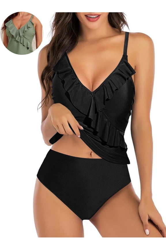 Women's Ruffle Tankini Tummy Control High Waist Bottom Quick Dry Swimsuit Sets
