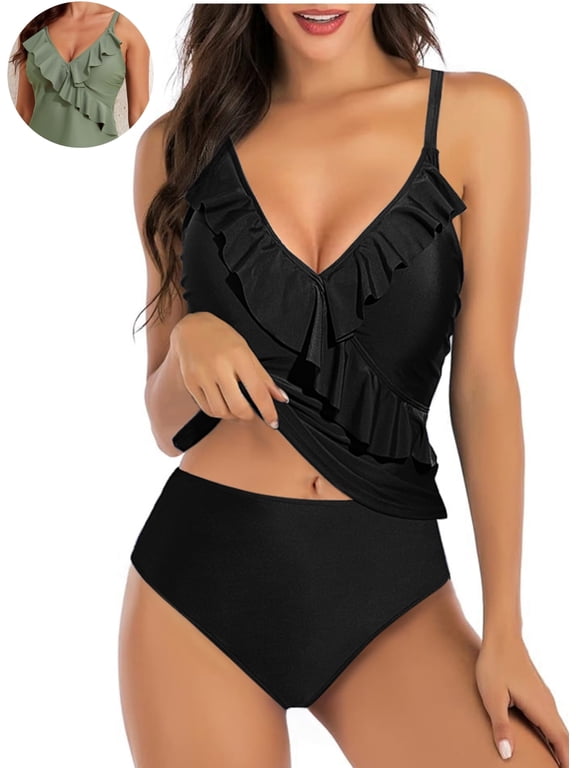 Women's Ruffle Tankini Tummy Control High Waist Bottom Quick Dry Swimsuit Sets