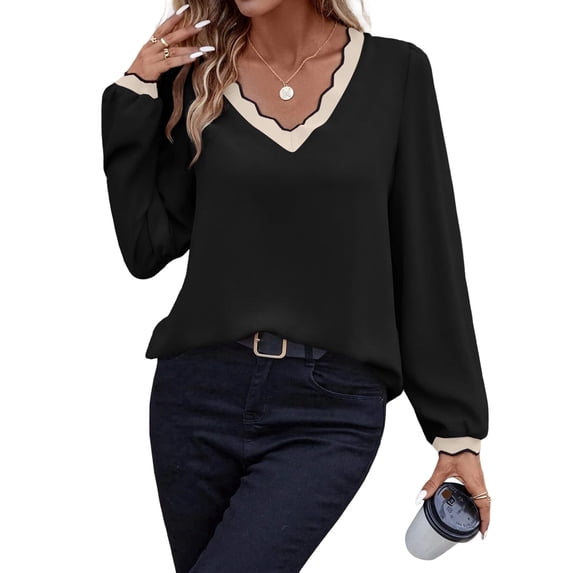DOKOTOO Womens V Neck Blouses Dressy Casual Long Sleeve Tops Scallop Trim Puff Sleeve Work Shirts S-2XL