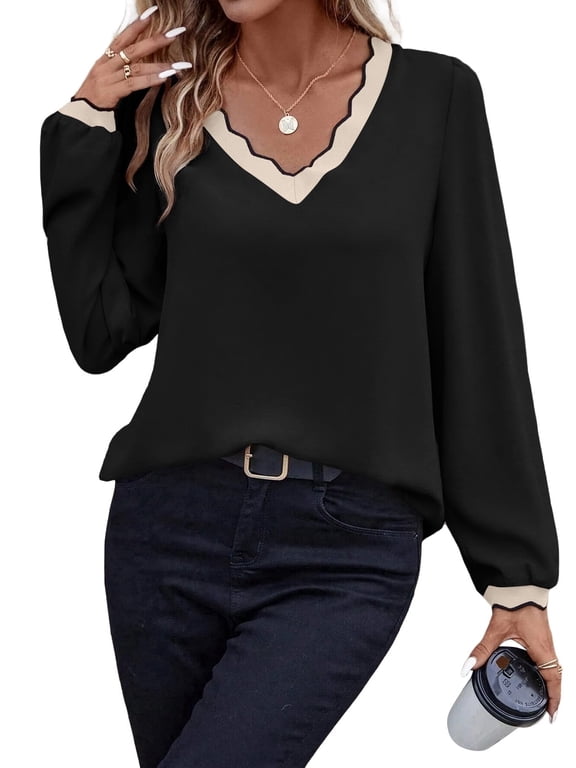 Womens V Neck Blouses Dressy Casual Long Sleeve Tops Scallop Trim Puff Sleeve Work Shirts S-2XL
