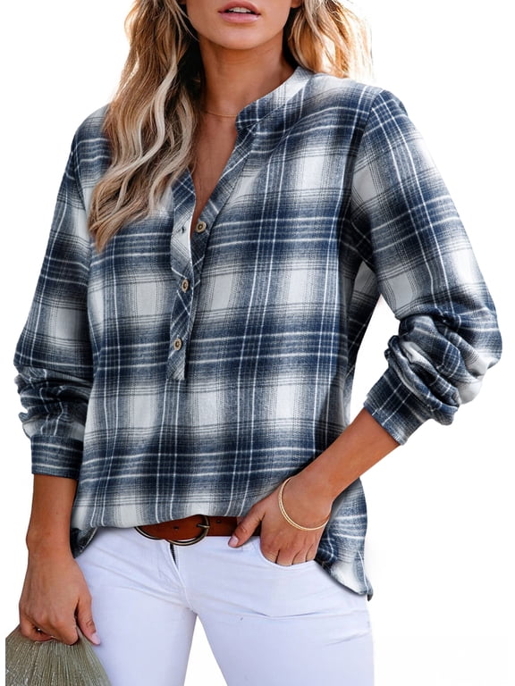 Womens V Neck Plaid Blouses Casual Long Sleeve Button Down Gingham Trendy Tops Boho Checkered Shirts