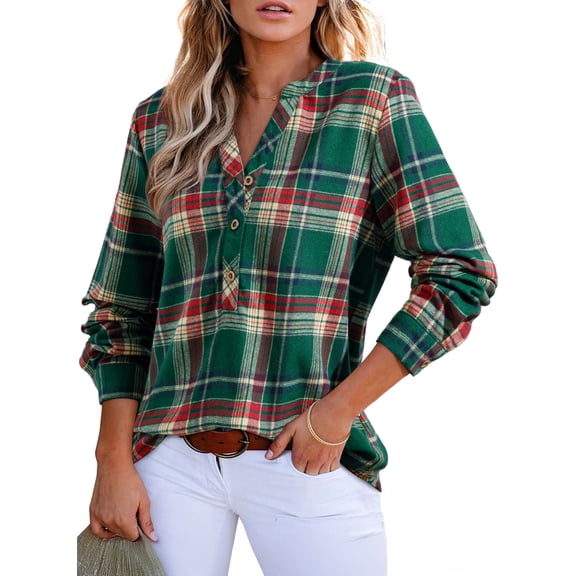 DOKOTOO Womens Plaid V Neck Button Down Blouses Casual Long Sleeve Gingham Trendy Tops Boho Checkered Shirts