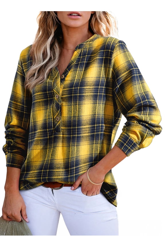 Plaid Shirts for Women Casual V Neck Button Down Blouses Trendy Long Sleeve Boho Tops