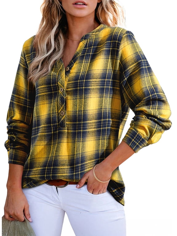 Womens Plaid Shirts Casual V Neck Button Down Boho Blouses Long Sleeve Gingham Work Tops