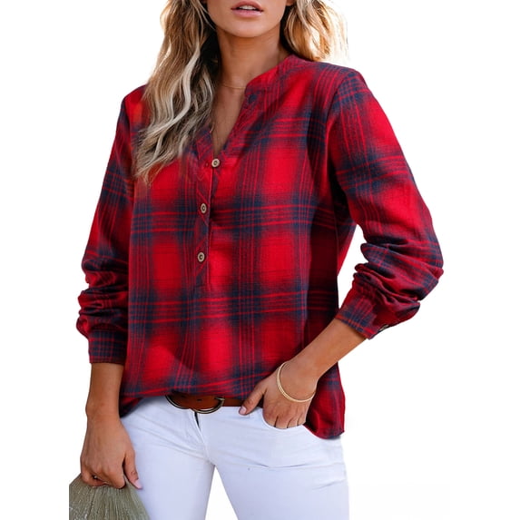 DOKOTOO Blouses for Women Casual V Neck Plaid Shirts Button Down Long Sleeve Boho Tops