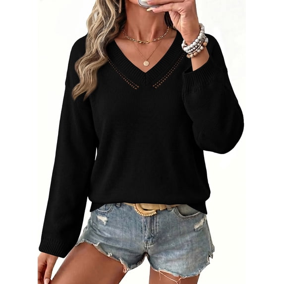 DOKOTOO Womens V Neck Sweater Long Sleeve Crochet Pullover Tops Lightweight Knit Fall Winter Sweaters S-2XL