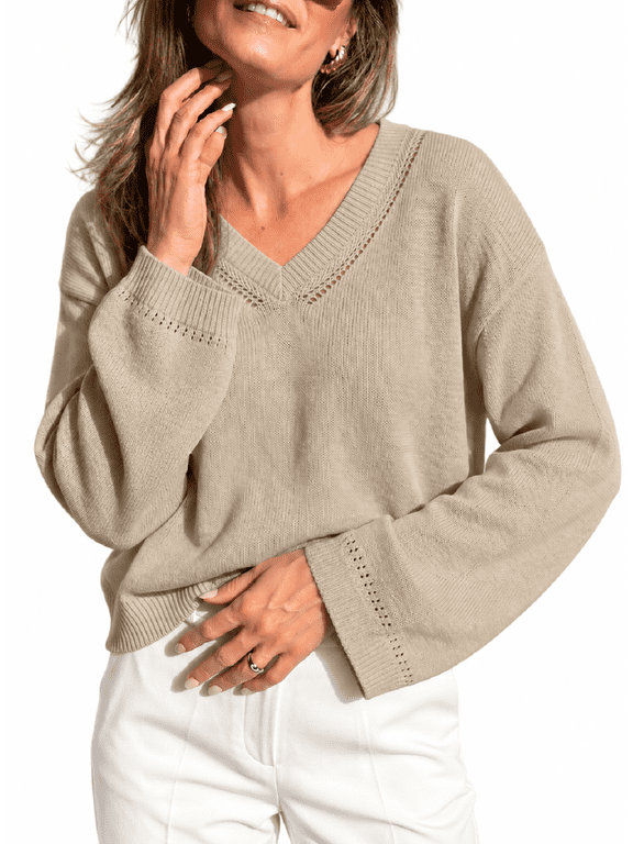 Womens V Neck Knit Sweater Top Long Sleeve Lightweight Pullover Shirt Pointelle Detail Ribbed Cuff Casual Sweaters S-2XL