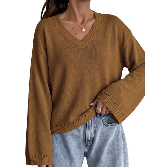 DOKOTOO Sweaters for Women V Neck Long Sleeve Crochet Knit Pullover Lightweight Sweater Drop Shoulder Casual Fall Winter Tops S-2XL