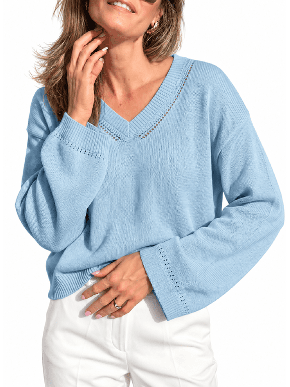 Womens Lightweight V Neck Crochet Knit Sweaters Long Sleeve Pullover Tops Softr Casual Work Office Sweater for WomenS-2XL