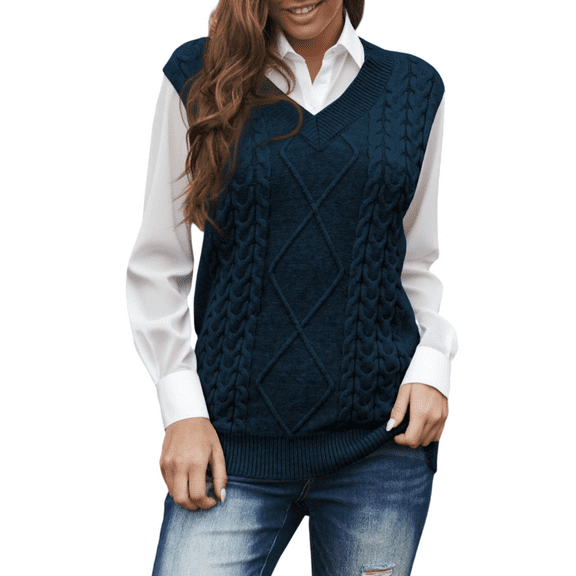 DOKOTOO Women's Blue Ribbed Knit V Neck Sleeveless Sweater Vest Pullover Tank Top for Women