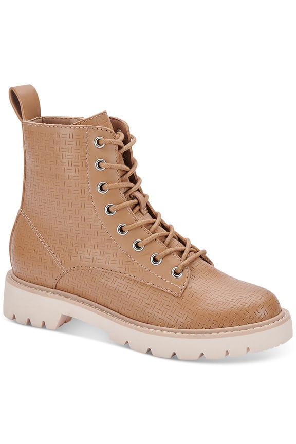 Womens Beige 1" Platform Lace-Up Front Heel Pull-Tab Lug Sole Padded Piker Round Toe Block Heel Zip-Up Combat Boots 9