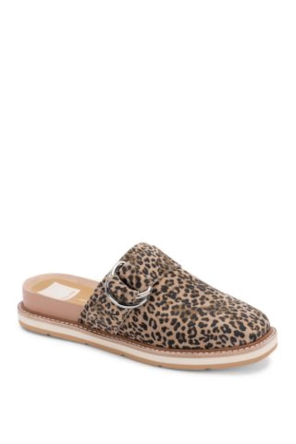 Womens Beige Leopard Print D-Rings Crochet Breathable Verna Square Toe Wedge Slip On Leather Mules 6