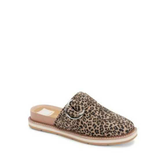 DOLCE VITA Womens Beige Leopard Print D-Rings Crochet Breathable Verna Square Toe Wedge Slip On Leather Mules 7.5