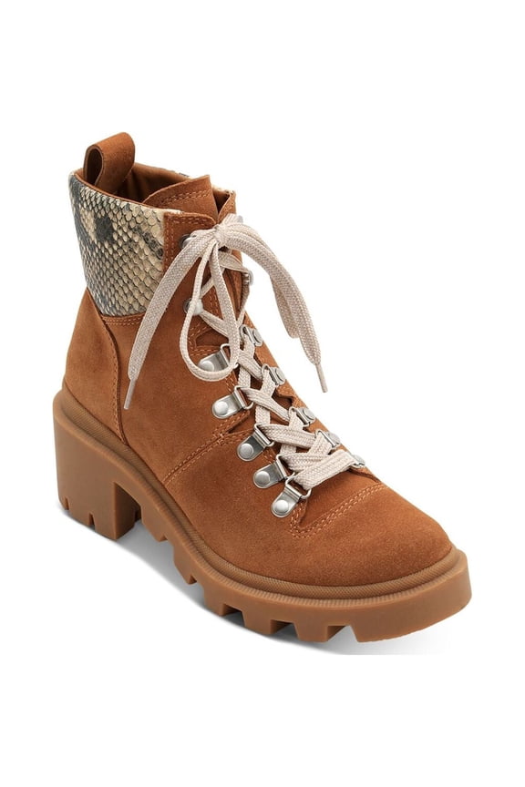 Womens Brown Snake 1" Platform Comfort Lug Sole Rubi Round Toe Block Heel Lace-Up Leather Hiking Boots 6.5