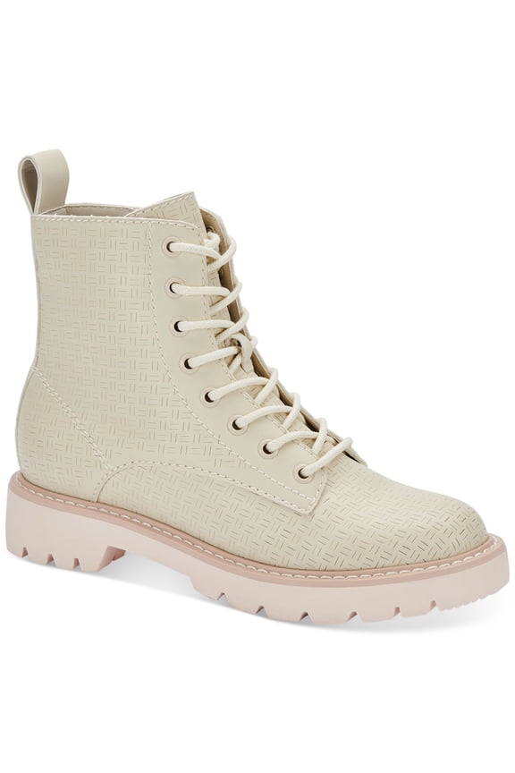 Womens Ivory 1" Platform Lace-Up Front Heel Pull-Tab Lug Sole Padded Piker Round Toe Block Heel Zip-Up Combat Boots 6 M