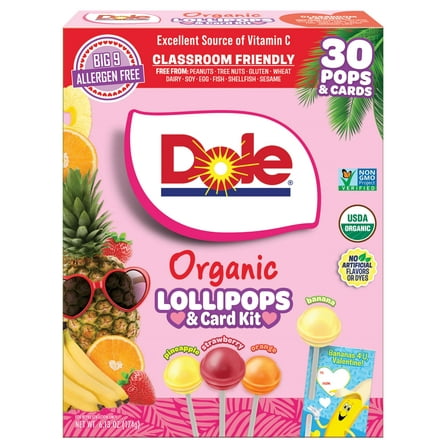 Dole Organic Gluten-Free Peanut-Free Assorted Fruit Flavors Lollipops, 30 Count Box