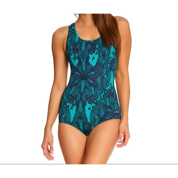DOLFIN Women's Teal Lacey Round Neck One Piece Swimsuit, Green, 8
