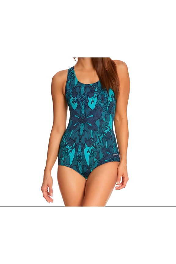 Women's Teal Lacey Round Neck One Piece Swimsuit, Green, 8