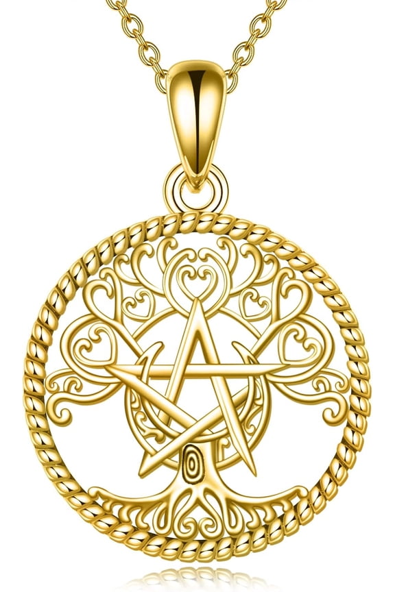 14K Gold Pentagram Pentacle Necklace Pentacle Triple Moon Goddess Necklace for Women Real Yellow Gold Pagan Wiccan Magic Amulet Necklace Jewelry Gifts (Gold-Pentacle Necklace)