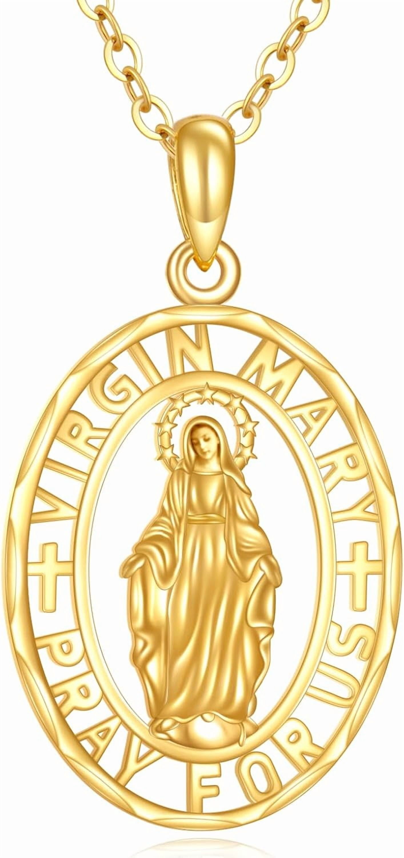 DOLIOX 14K Solid Gold Virgin Mary Necklace Religious Protector Pendant ...