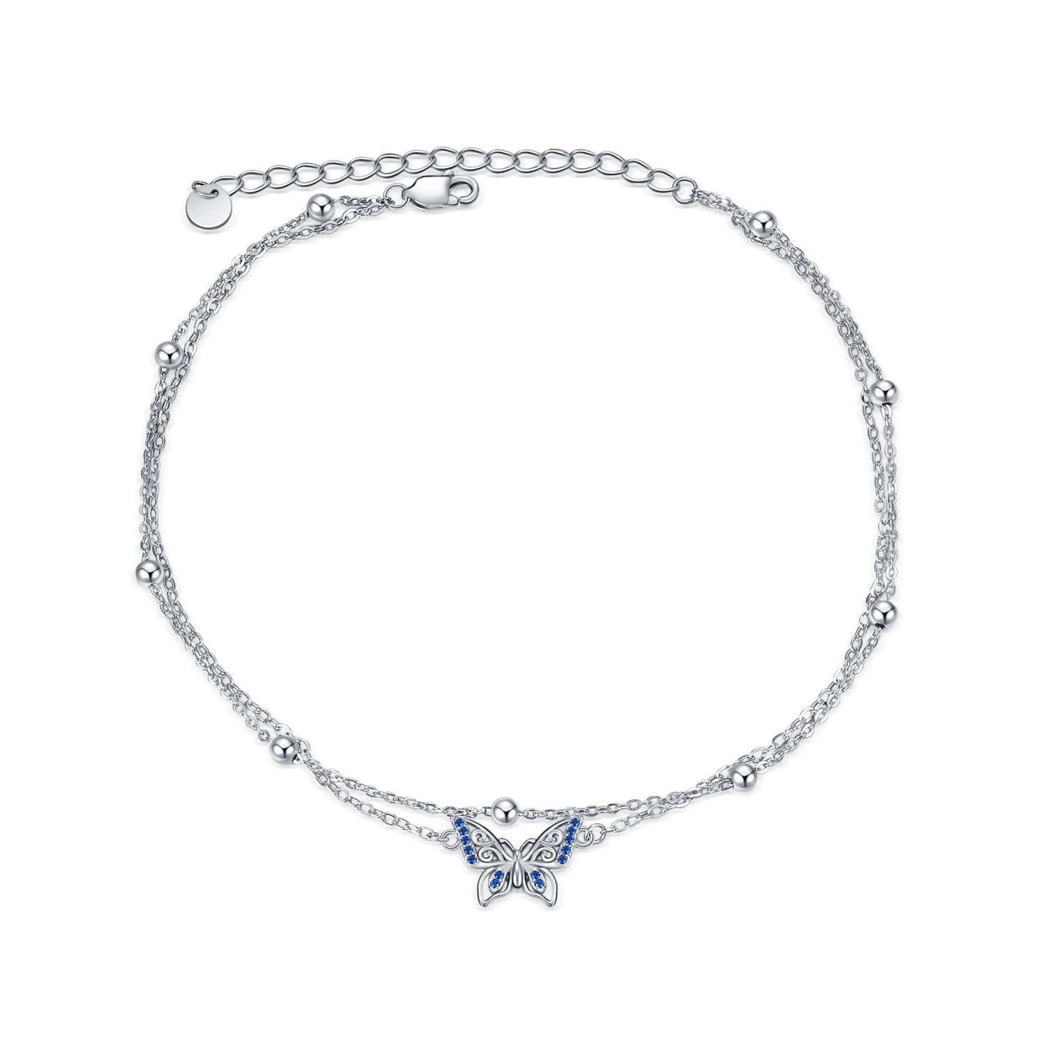 DOLIOX 925 Sterling Silver Butterfly Anklets for Women Double Layered Chain Ankle Bracelet Beach Dainty Butterfly Jewelry