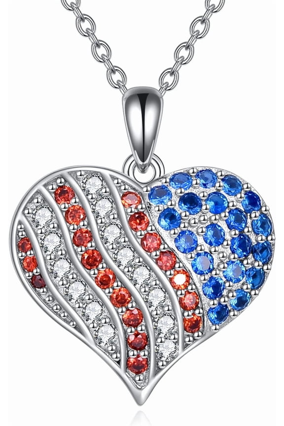American Flag Necklace 925 Sterling Silver American Flag Heart Pendant Independence Day Jewelry Gift for Women